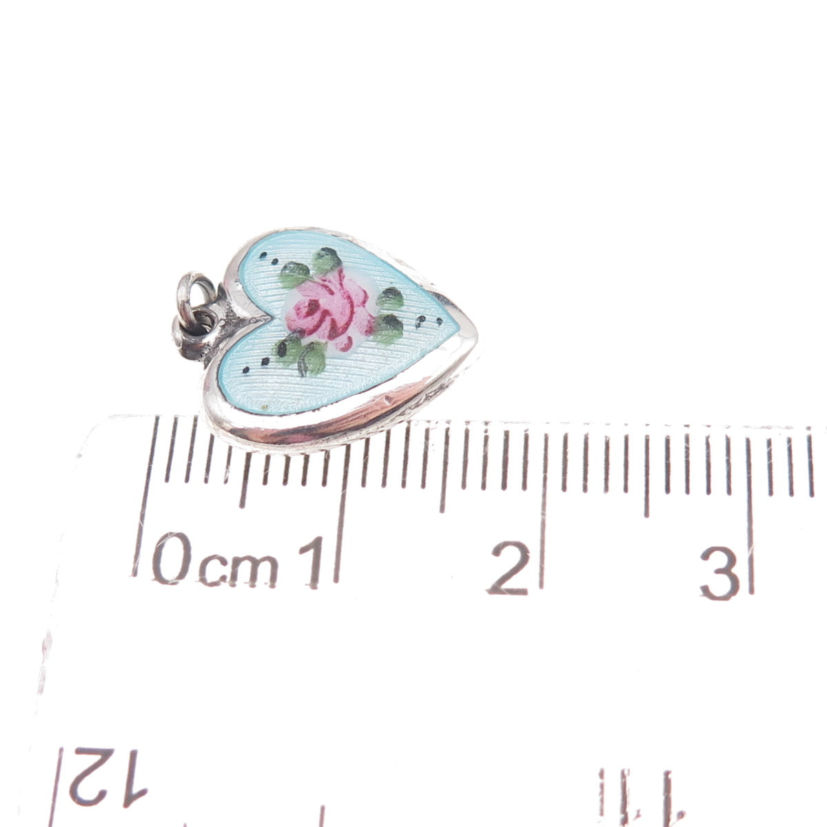 925 Sterling Silver Antique Art Deco Enamel Rose Heart Chatelaine Charm Pendant