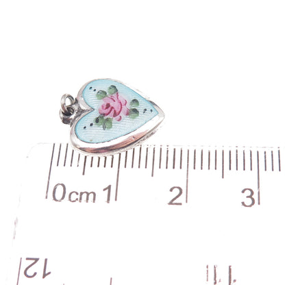 925 Sterling Silver Antique Art Deco Enamel Rose Heart Chatelaine Charm Pendant