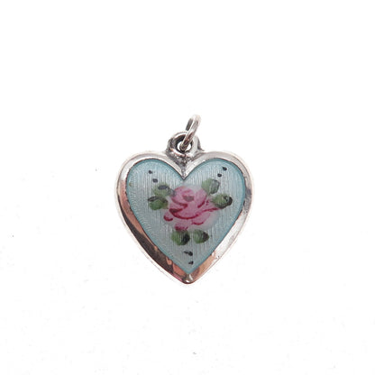 925 Sterling Silver Antique Art Deco Enamel Rose Heart Chatelaine Charm Pendant