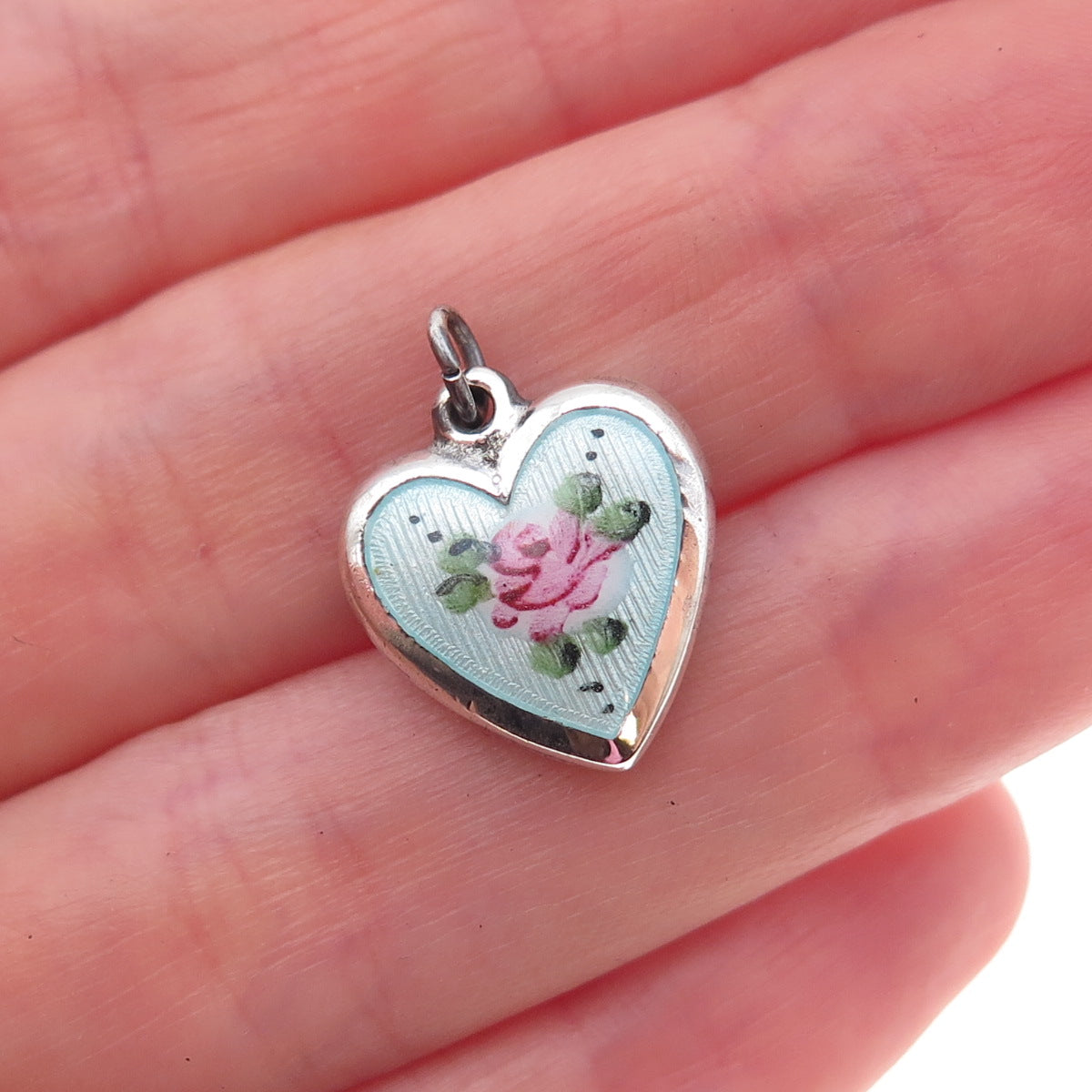 925 Sterling Silver Antique Art Deco Enamel Rose Heart Chatelaine Charm Pendant
