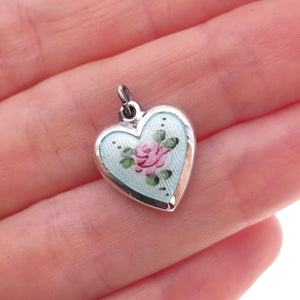925 Sterling Silver Antique Art Deco Enamel Rose Heart Chatelaine Charm Pendant