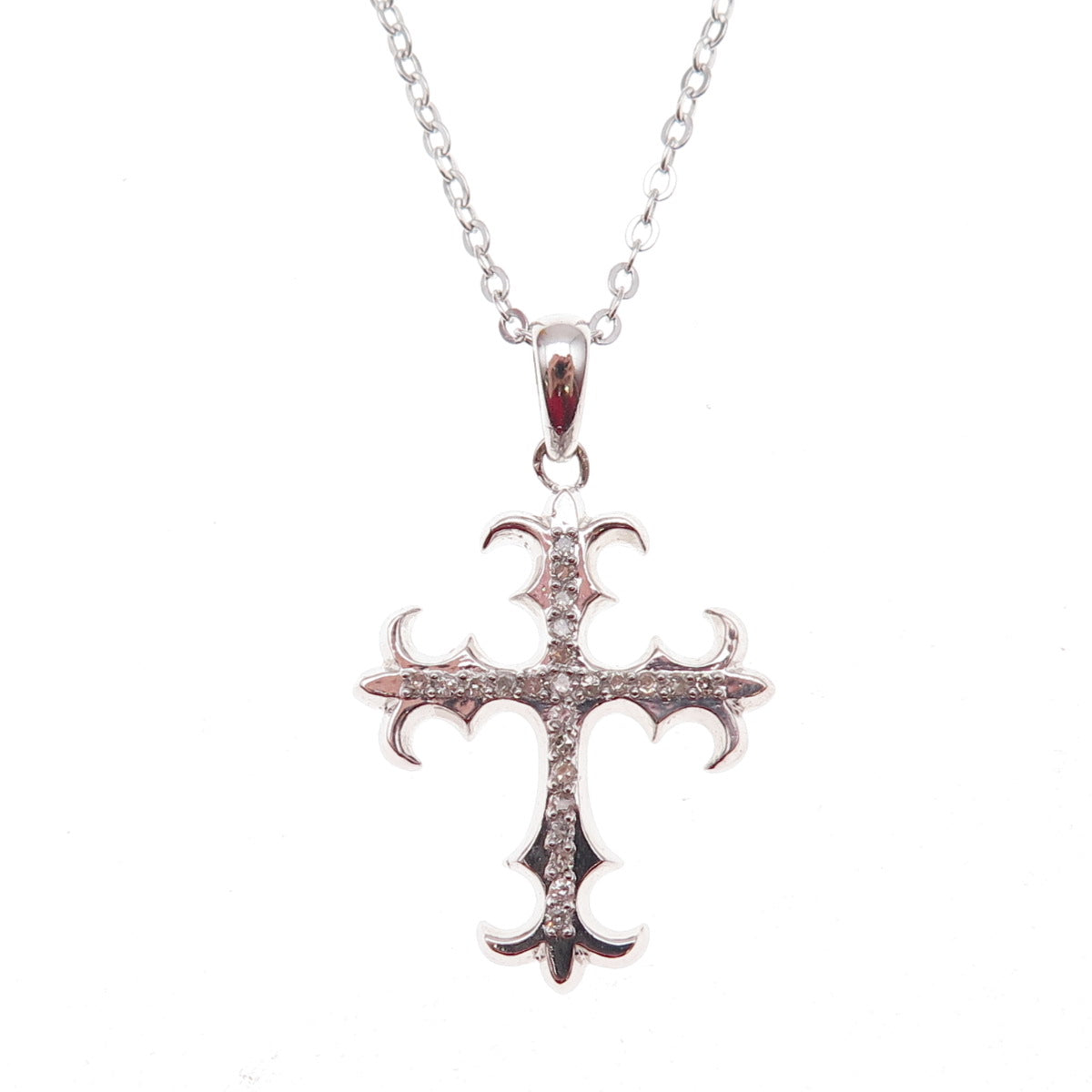 925 Sterling Silver Mexico Real Diamond Fleur de Lis Cross Chain Necklace 18"