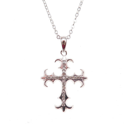 925 Sterling Silver Mexico Real Diamond Fleur de Lis Cross Chain Necklace 18"