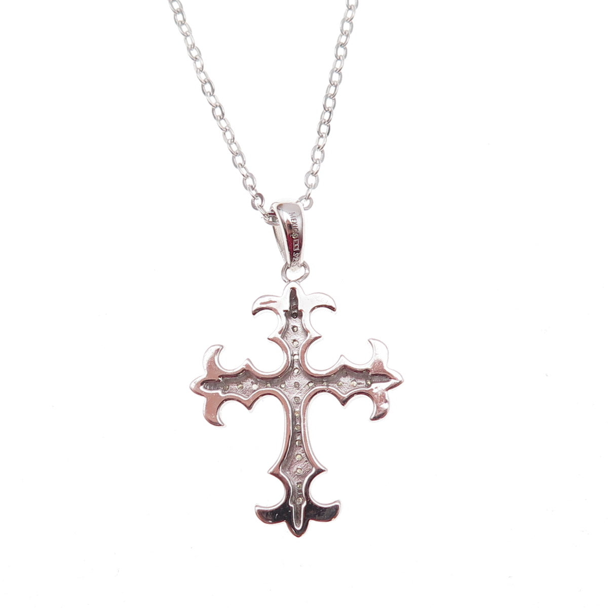 925 Sterling Silver Mexico Real Diamond Fleur de Lis Cross Chain Necklace 18"