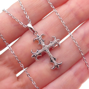925 Sterling Silver Mexico Real Diamond Fleur de Lis Cross Chain Necklace 18"