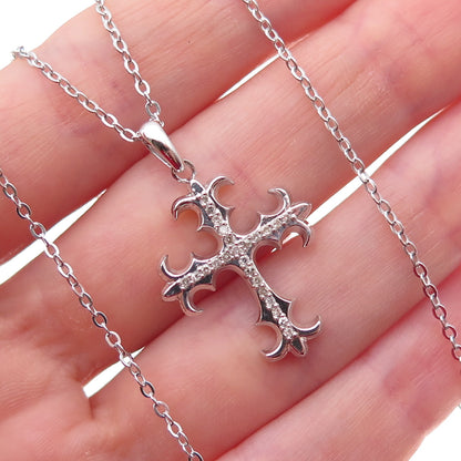 925 Sterling Silver Mexico Real Diamond Fleur de Lis Cross Chain Necklace 18"