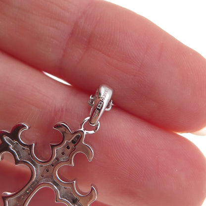 925 Sterling Silver Mexico Real Diamond Fleur de Lis Cross Chain Necklace 18"
