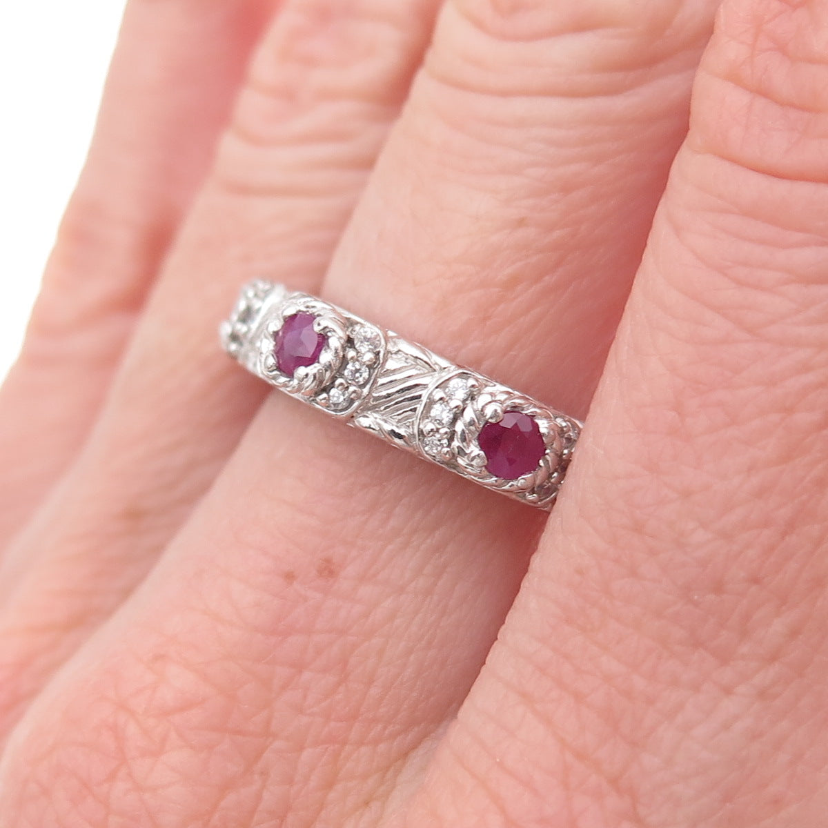 Judith Ripka 925 Sterling Silver Real Round-Cut Ruby & C Z Band Ring Size 7