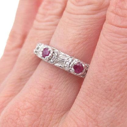 Judith Ripka 925 Sterling Silver Real Round-Cut Ruby & C Z Band Ring Size 7
