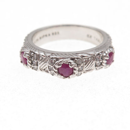 Judith Ripka 925 Sterling Silver Real Round-Cut Ruby & C Z Band Ring Size 7