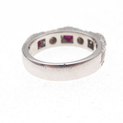Judith Ripka 925 Sterling Silver Real Round-Cut Ruby & C Z Band Ring Size 7