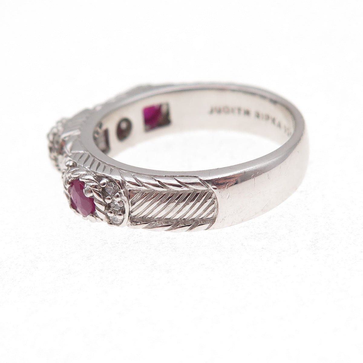 Judith Ripka 925 Sterling Silver Real Round-Cut Ruby & C Z Band Ring Size 7