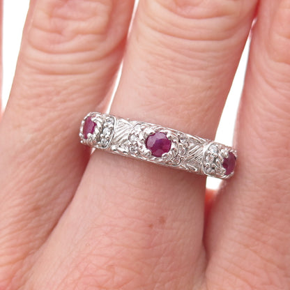 Judith Ripka 925 Sterling Silver Real Round-Cut Ruby & C Z Band Ring Size 7