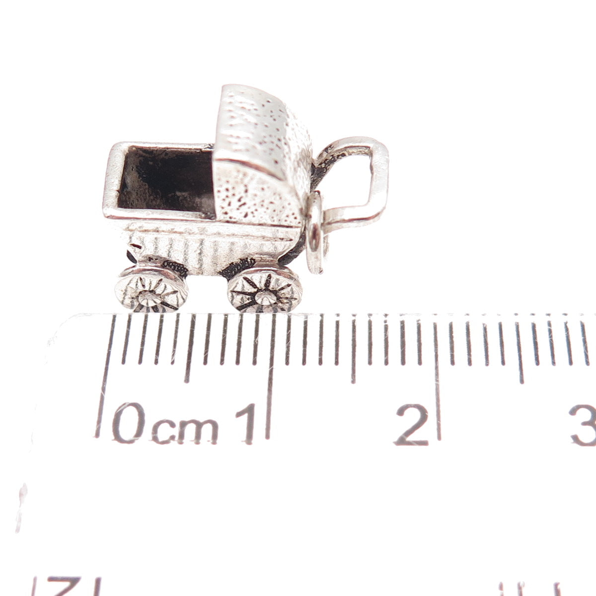 925 Sterling Silver Vintage Engraved Baby Carriage Oxidized 3D Charm Pendant