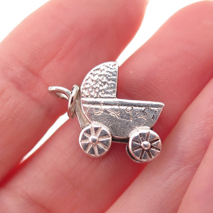 925 Sterling Silver Vintage Engraved Baby Carriage Oxidized 3D Charm Pendant