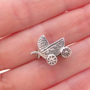 925 Sterling Silver Vintage Engraved Baby Carriage Oxidized 3D Charm Pendant
