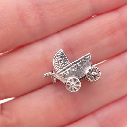925 Sterling Silver Vintage Engraved Baby Carriage Oxidized 3D Charm Pendant