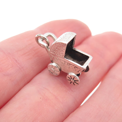 925 Sterling Silver Vintage Engraved Baby Carriage Oxidized 3D Charm Pendant