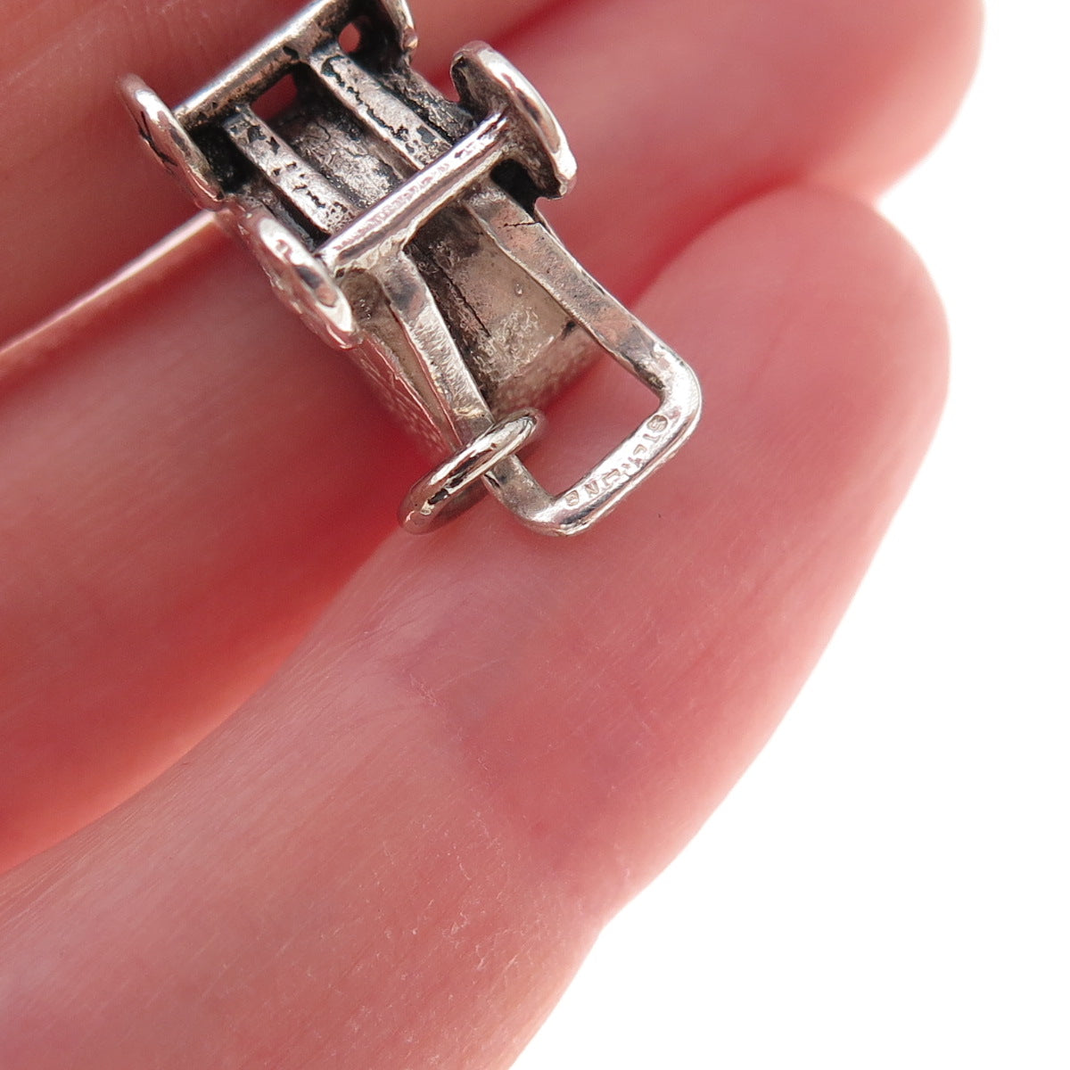 925 Sterling Silver Vintage Engraved Baby Carriage Oxidized 3D Charm Pendant
