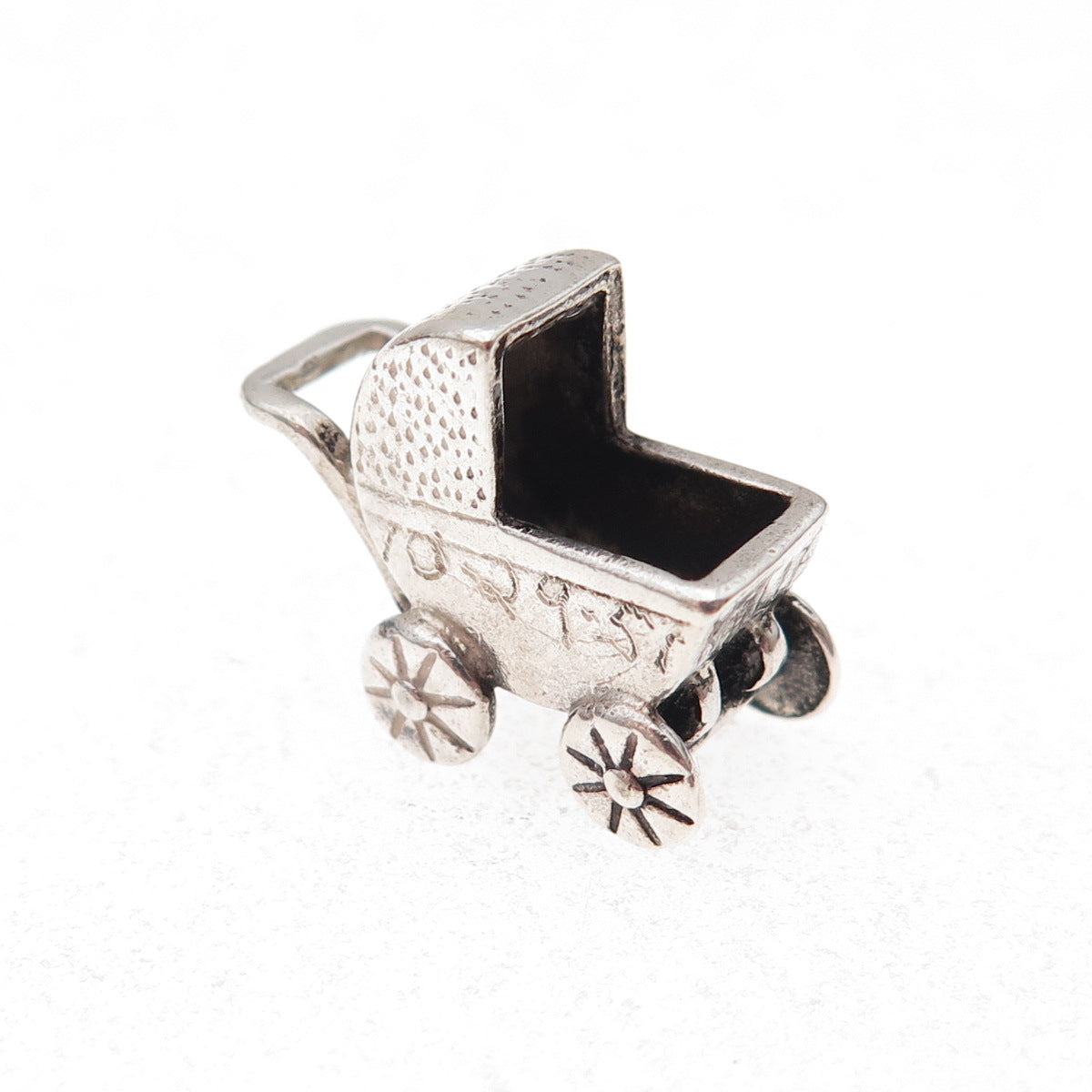 925 Sterling Silver Vintage Engraved Baby Carriage Oxidized 3D Charm Pendant
