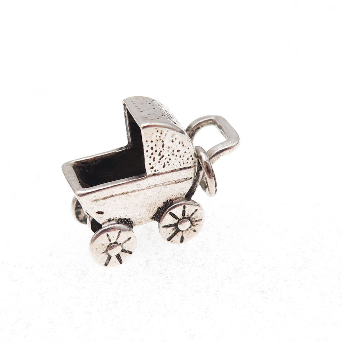 925 Sterling Silver Vintage Engraved Baby Carriage Oxidized 3D Charm Pendant