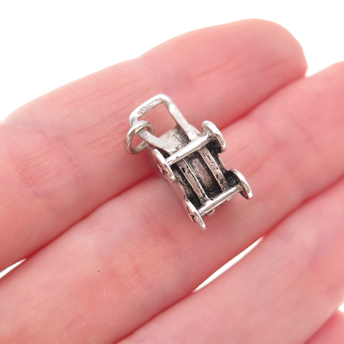 925 Sterling Silver Vintage Engraved Baby Carriage Oxidized 3D Charm Pendant