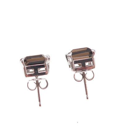 925 Sterling Silver Mexico Real Emerald-Cut Smoky Quartz Earrings