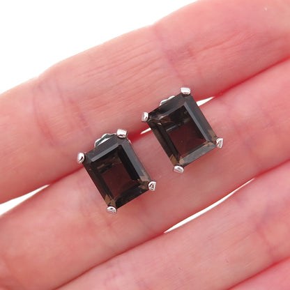 925 Sterling Silver Mexico Real Emerald-Cut Smoky Quartz Earrings