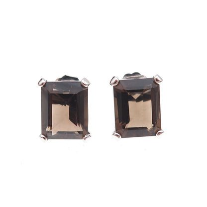 925 Sterling Silver Mexico Real Emerald-Cut Smoky Quartz Earrings