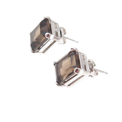 925 Sterling Silver Mexico Real Emerald-Cut Smoky Quartz Earrings