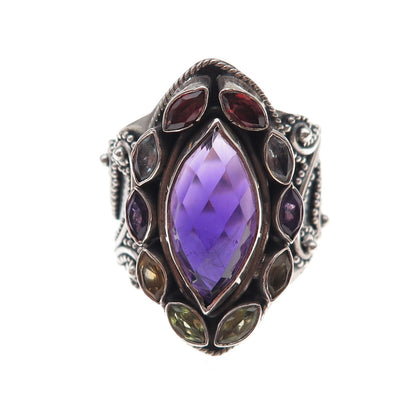 925 Sterling Vintage Real Amethyst Iolite Garnet Citrine & Peridot Ring Size 10