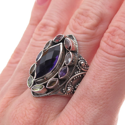 925 Sterling Vintage Real Amethyst Iolite Garnet Citrine & Peridot Ring Size 10