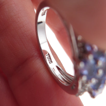 925 Sterling Silver Real Tanzanite & White Topaz Floral Ring Size 8.25