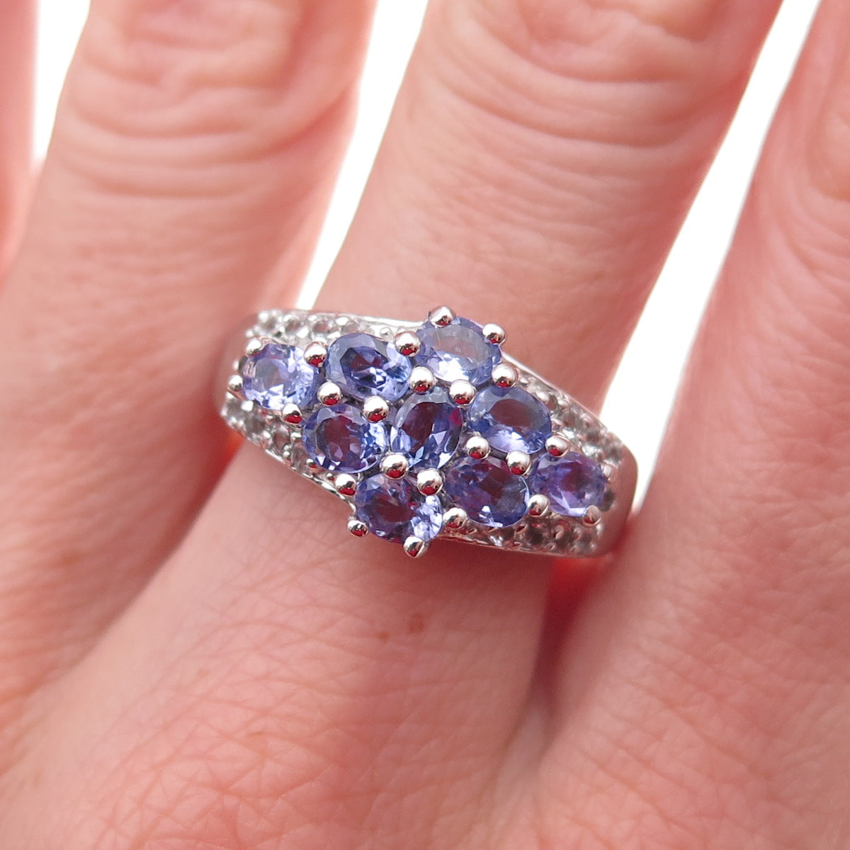 925 Sterling Silver Real Tanzanite & White Topaz Floral Ring Size 8.25