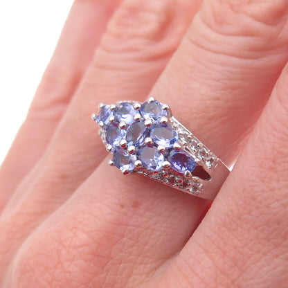 925 Sterling Silver Real Tanzanite & White Topaz Floral Ring Size 8.25