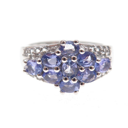 925 Sterling Silver Real Tanzanite & White Topaz Floral Ring Size 8.25