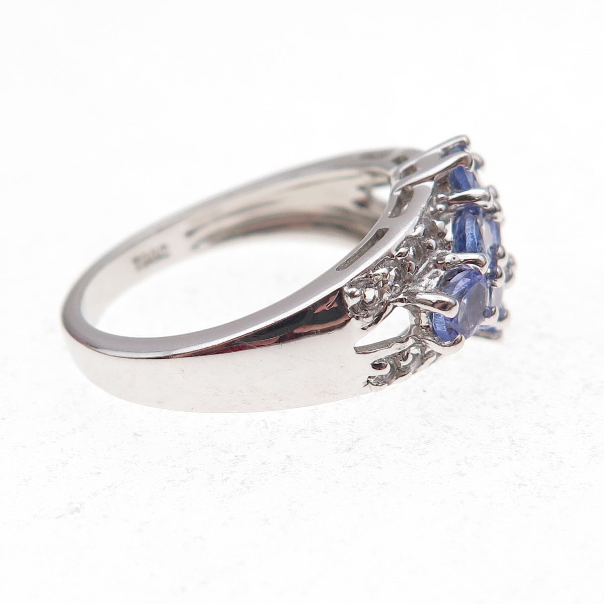 925 Sterling Silver Real Tanzanite & White Topaz Floral Ring Size 8.25