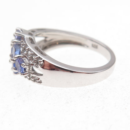 925 Sterling Silver Real Tanzanite & White Topaz Floral Ring Size 8.25