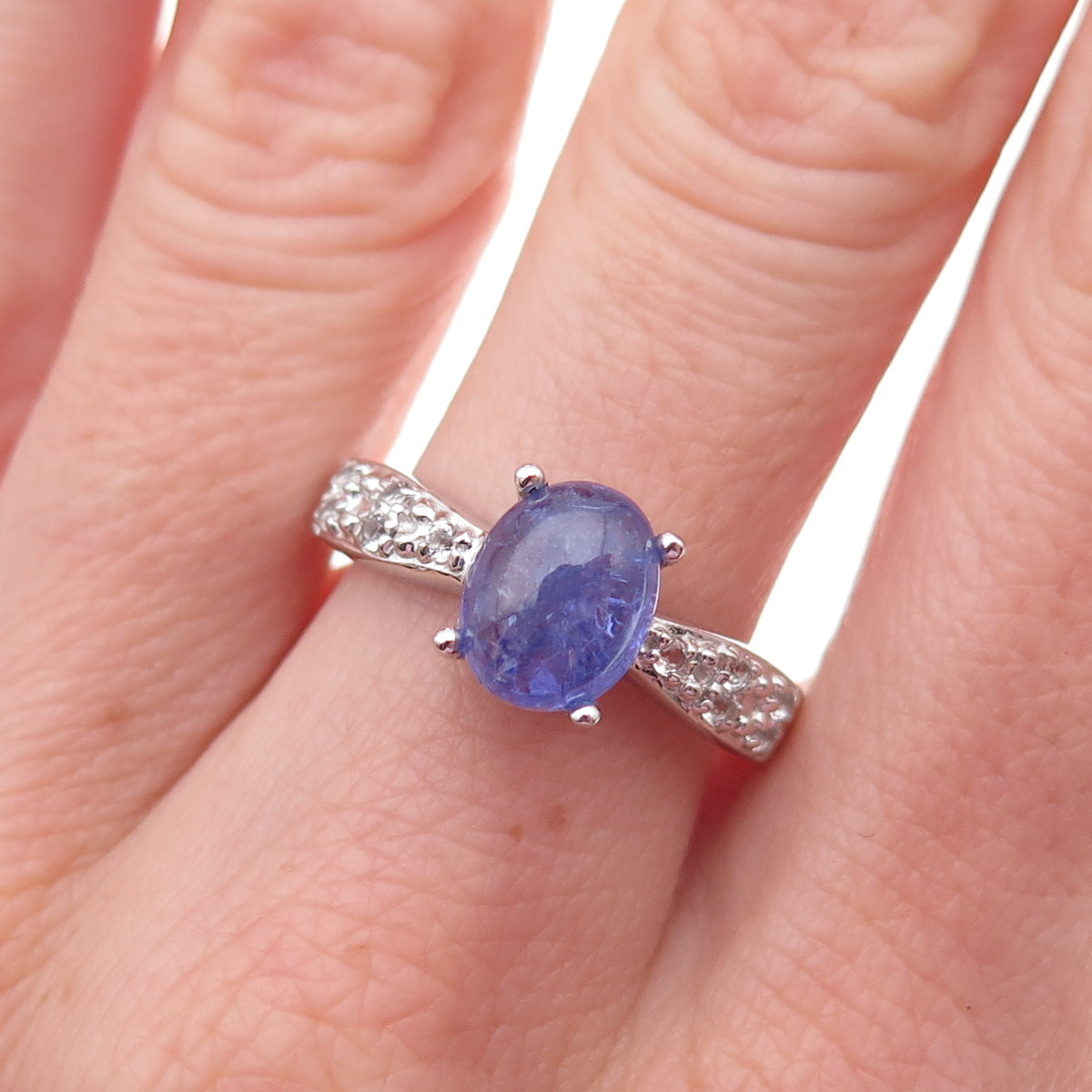925 Sterling Silver Real Tanzanite & White Topaz Ring Size 8