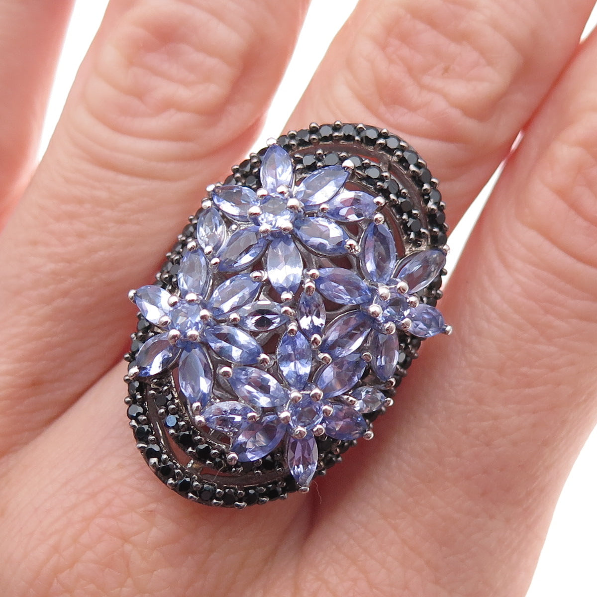 Chuck Clemency 925 Sterling Silver Real Tanzanite & Black Spinel Ring Size 8.25