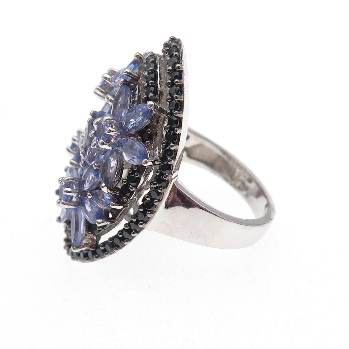 Chuck Clemency 925 Sterling Silver Real Tanzanite & Black Spinel Ring Size 8.25