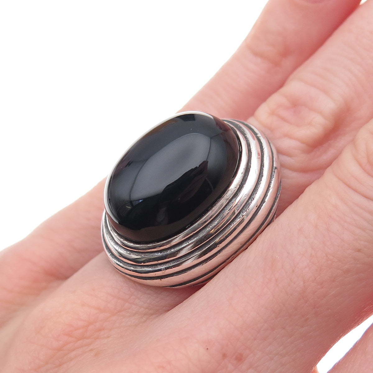 Kabana 925 Sterling Silver Vintage Real Black Onyx Modernist Ring Size 6.25