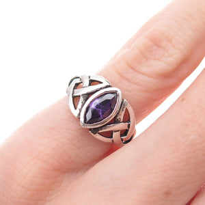 925 Sterling Silver Vintage Real Amethyst Celtic Trinity Knot Ring Size 4.25