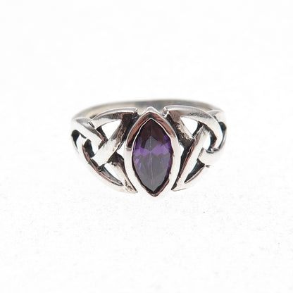 925 Sterling Silver Vintage Real Amethyst Celtic Trinity Knot Ring Size 4.25