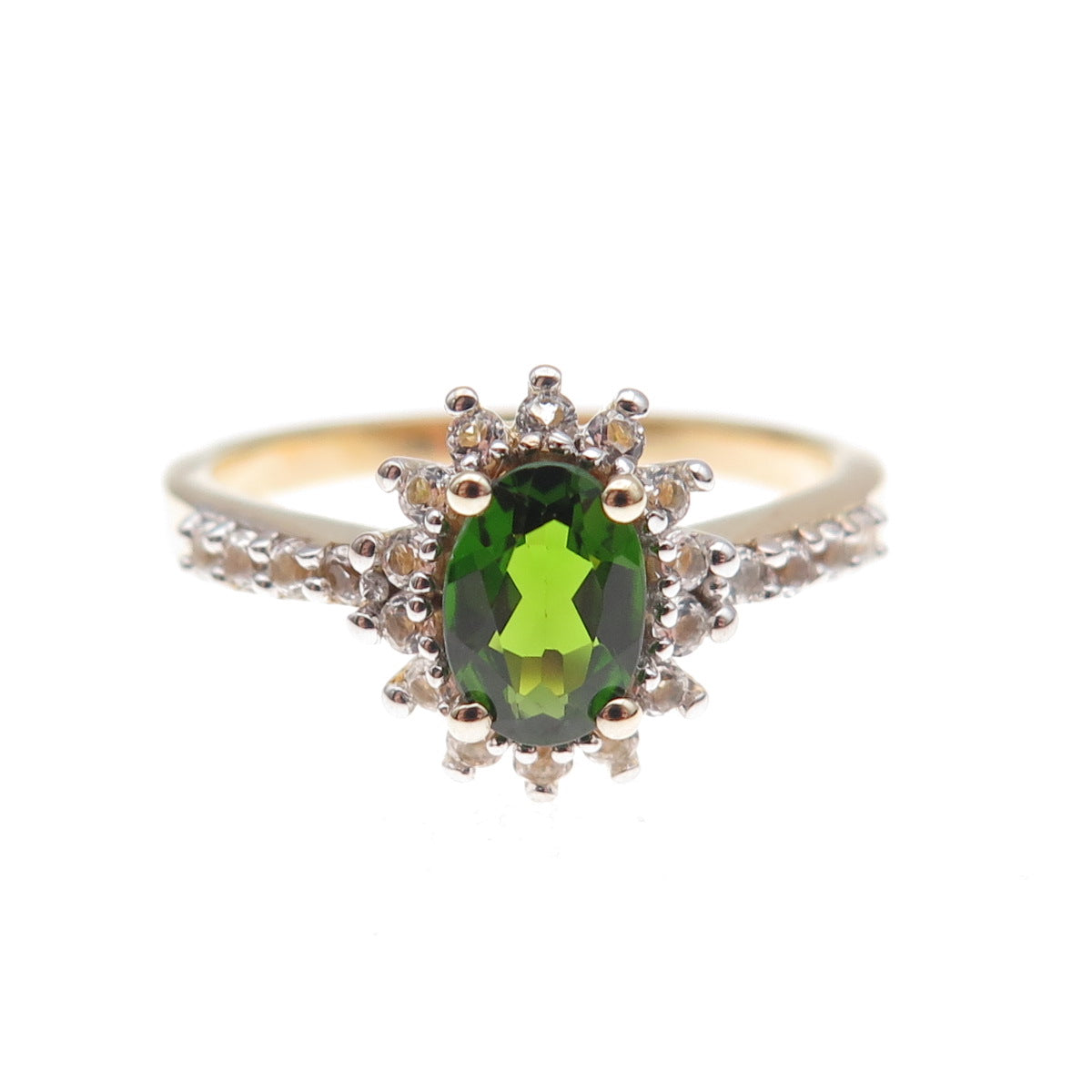 925 Sterling Silver Gold Plated Real Chrome Diopside & White Topaz Ring Size 8