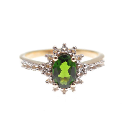 925 Sterling Silver Gold Plated Real Chrome Diopside & White Topaz Ring Size 8