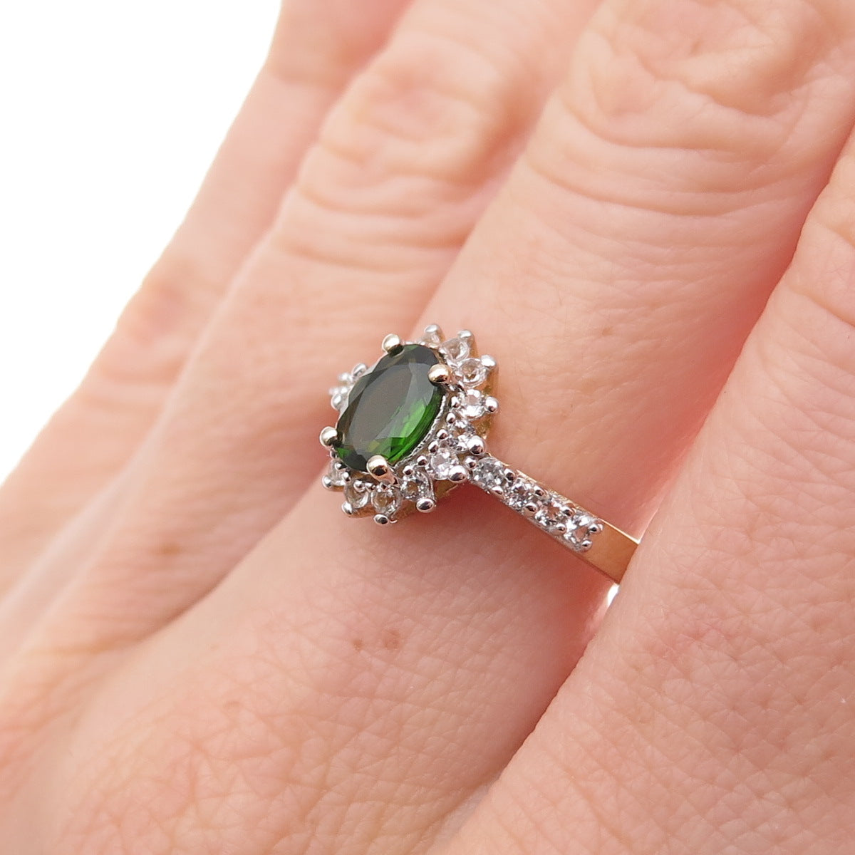 925 Sterling Silver Gold Plated Real Chrome Diopside & White Topaz Ring Size 8