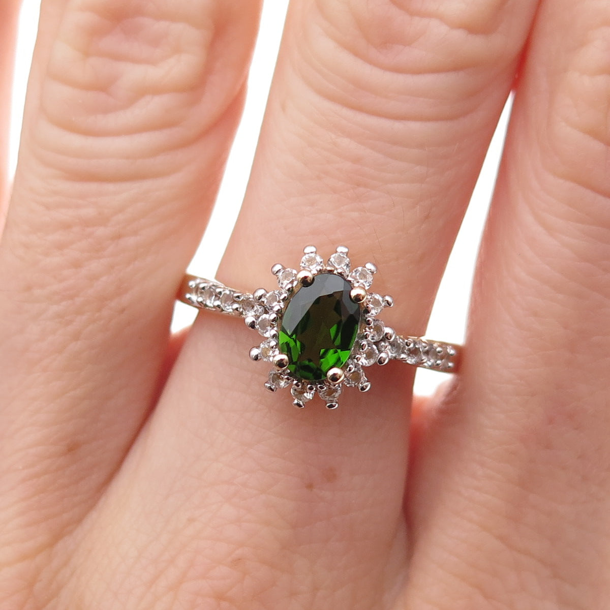 925 Sterling Silver Gold Plated Real Chrome Diopside & White Topaz Ring Size 8