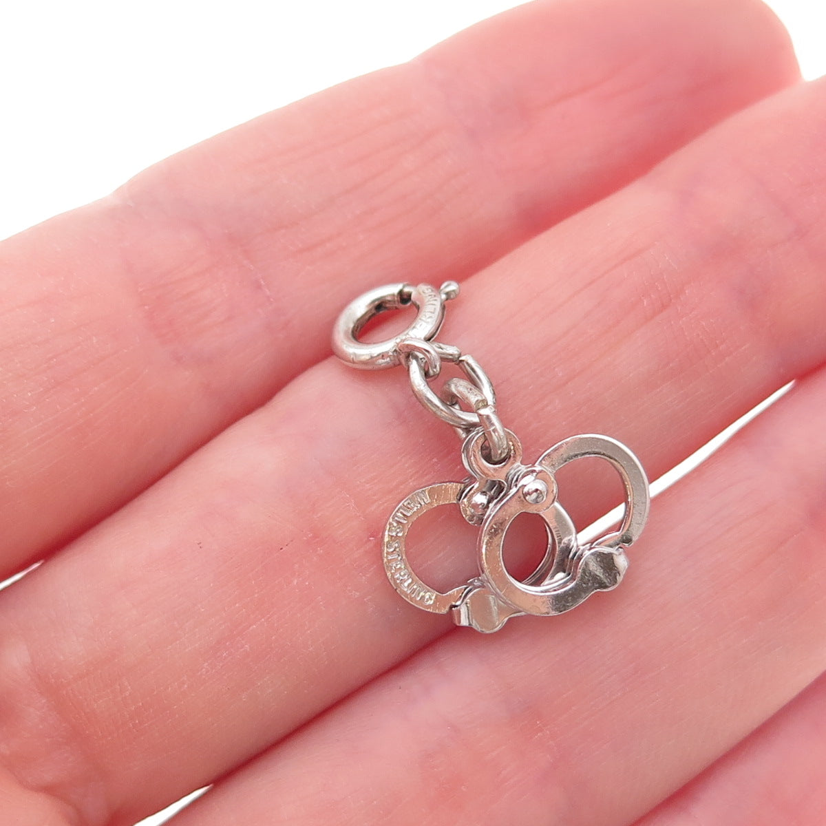 Wells 925 Sterling Silver Vintage Handcuffs Spring Ring Lock Charm Pendant
