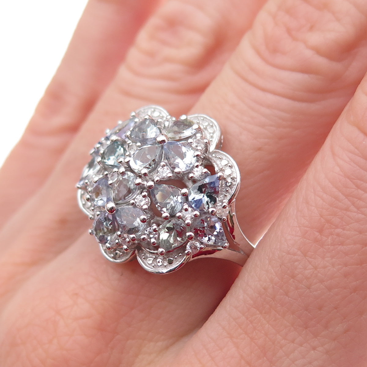 Chuck Clemency 925 Sterling Silver Real Tanzanite & White Topaz Ring Size 8.25